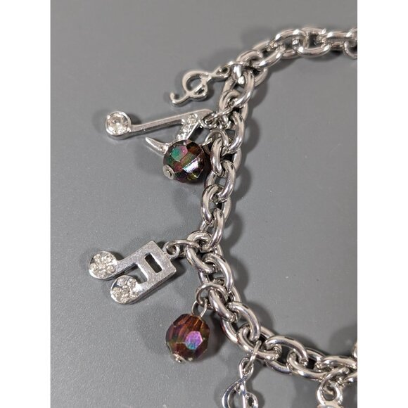 Silver Tone Music Note Charm BRacelet Rhinestone Glass Bead 7.5" - Picture 6 of 7